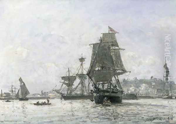 Large Sailing Boats at Honfleur Oil Painting by Johan Barthold Jongkind