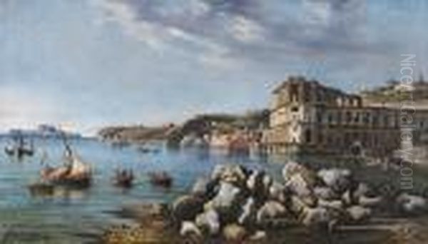 A View Of The Coast At Naples With The Villa Donn'anna Oil Painting by Consalvo Carelli