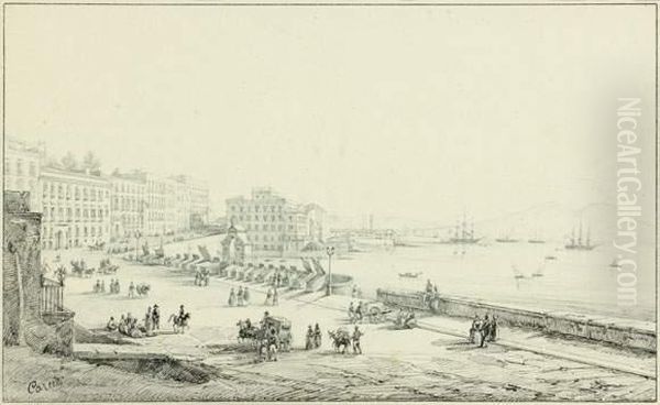 Une Paire De Vues De Naples : La Place Du Palais Royal Et Une Vue De Santa Lucia
 Plume Et Encre Noire, Lavis Gris Sur Traits De Crayon Noir Oil Painting by Consalvo Carelli