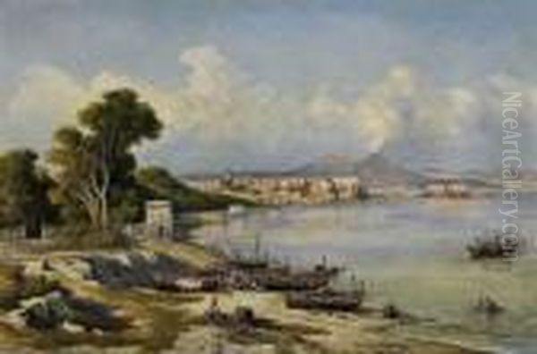 Early Morning In The Bay Of Naples. Fishermen On The Banks And On The Lake. Oil Painting by Consalvo Carelli