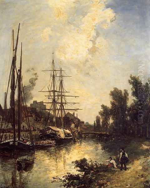 Boats Dockside Oil Painting by Johan Barthold Jongkind