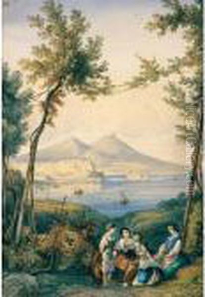 Popolane E Bambini In Un Bosco Con Il Vesuvio In Lontananza Oil Painting by Consalvo Carelli