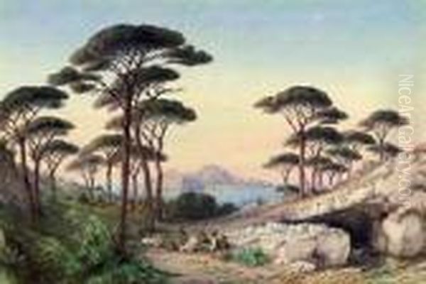 Goatherders Near Faro, Capri Beyond Oil Painting by Gabriele Carelli