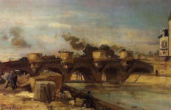 Fire on the Pont Neuf, 1853 Oil Painting by Johan Barthold Jongkind