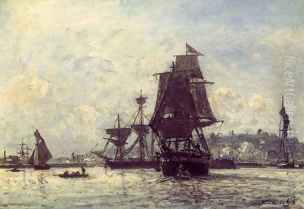 Sailing Ships At Honfleur Oil Painting by Johan Barthold Jongkind