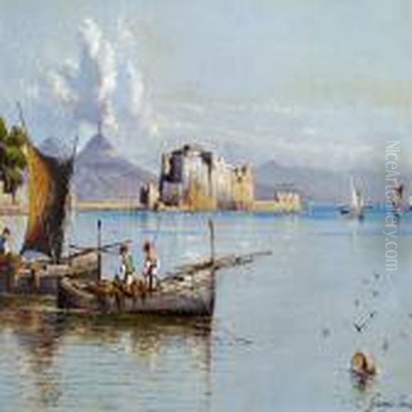 Fishermen In The Gulf Of Naples With Castel Dell'ovo In The Background Oil Painting by Giuseppe Carelli