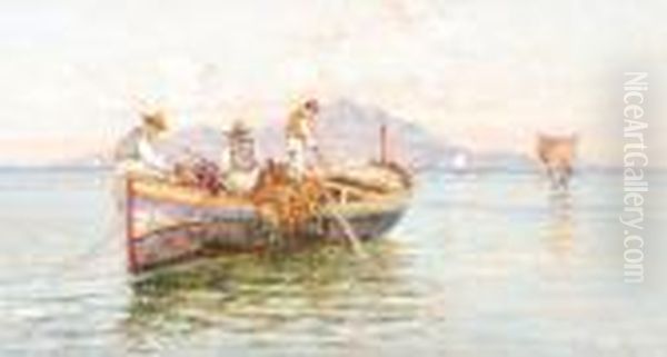 Views Of Fishing Boats With Capri Beyond Oil Painting by Giuseppe Carelli