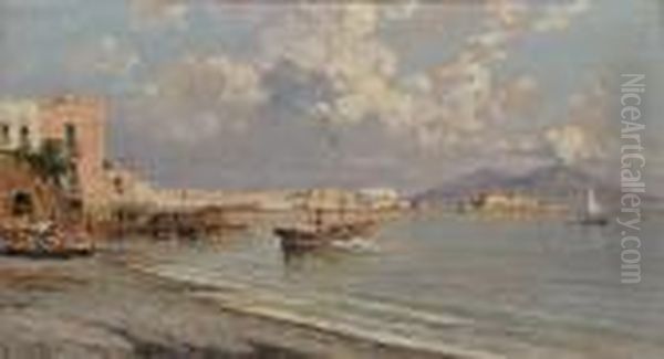 Gulf Of Naples With Mount Vesuvius Oil Painting by Giuseppe Carelli