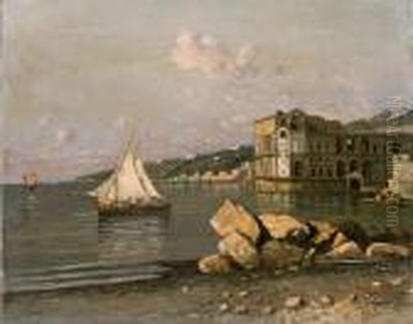 Spiaggia Con Barca A Palazzo Donn'anna Oil Painting by Giuseppe Carelli