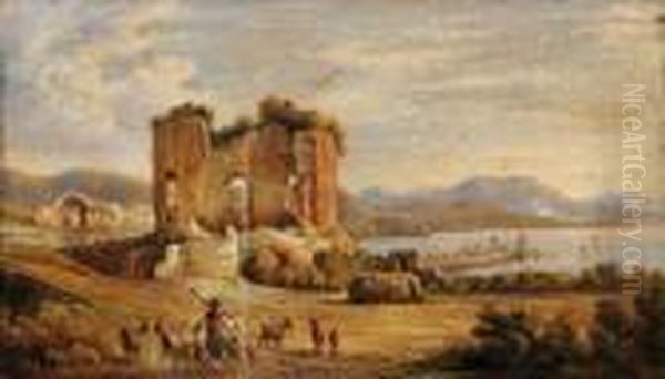 Paysage Pres De Naples Au Berger Et Ruines Oil Painting by Giuseppe Carelli