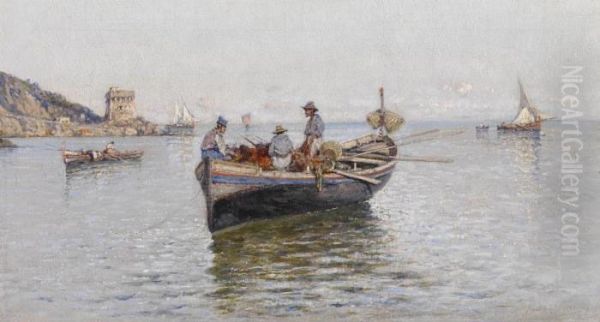 Fishing Boats In The Gulf Ofnaples Oil Painting by Giuseppe Carelli