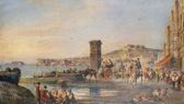 A Busy Day On The Waterfront, Naples Oil Painting by Giuseppe Carelli