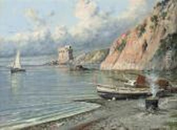 Cooking On The Shore, The Amalfi Coast Oil Painting by Giuseppe Carelli