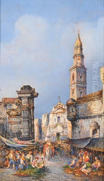 Piazza Del Carmine A Napoli Oil Painting by Giuseppe Carelli