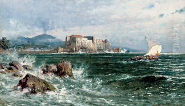 Setting Sail In The Bay Of Naples , Before The Old Fort Oil Painting by Giuseppe Carelli