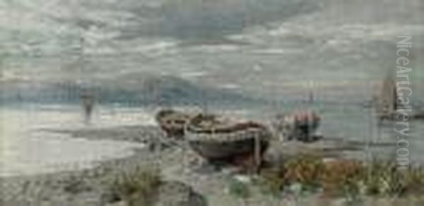 Fishing Boats On The Shore, Capri Beyond Oil Painting by Giuseppe Carelli