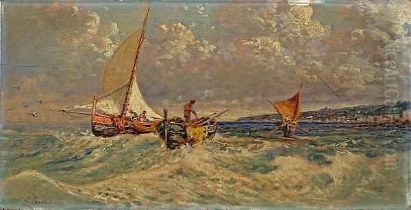 Fishing Boats Off The Coast Oil Painting by Giuseppe Carelli