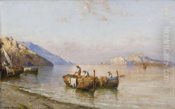 Marina Con Pescatori Oil Painting by Giuseppe Carelli