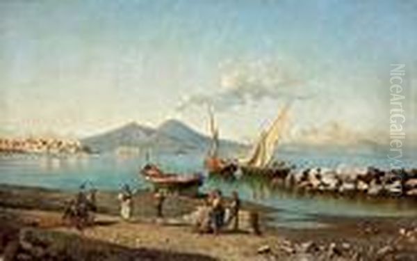 A View Of The Bay Of Naples With Figuresdancing On The Shore Oil Painting by Giuseppe Carelli