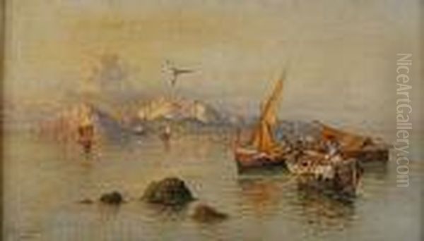 Capri, Fishing Boats To The Fore, Signed Andinscribed Oil Painting by Giuseppe Carelli