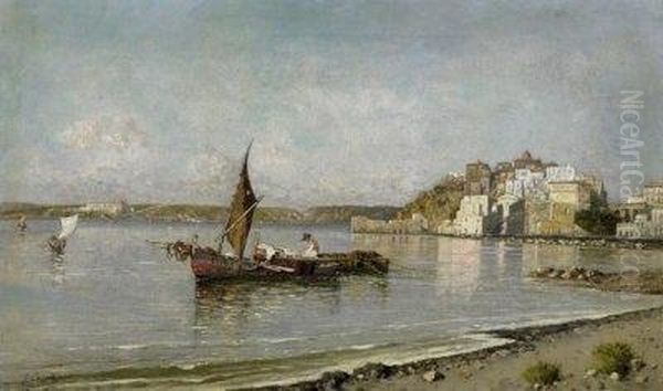 Pozzuoli. Fishermen In Their Boats On The Lake Before The City. Oil Painting by Giuseppe Carelli