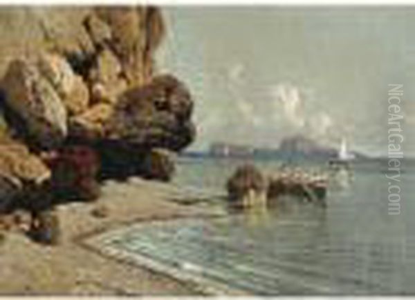 Marina Con Pescatori Di Fronte A Capri Oil Painting by Giuseppe Carelli