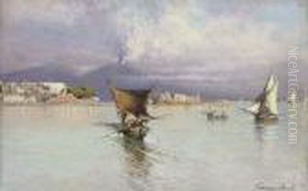 Fishing Vessels In The Bay Of Naples Oil Painting by Giuseppe Carelli