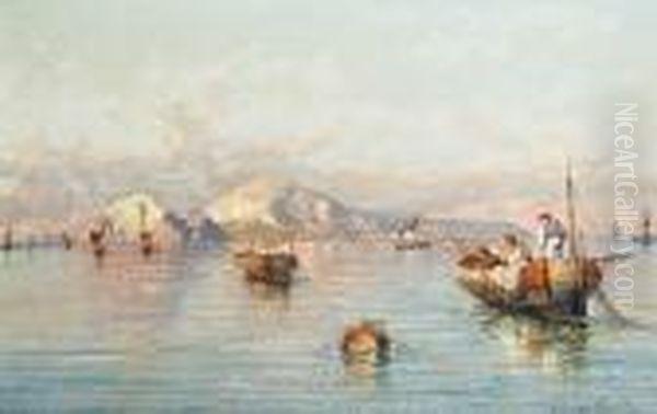 Fishermen In The Bay Of Naples, With Capri In The Distance Oil Painting by Giuseppe Carelli