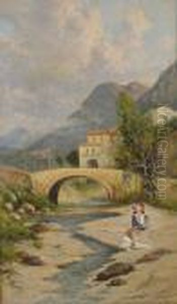 Lavandaie Al Fiume A Cava Dei Tirreni Oil Painting by Giuseppe Carelli