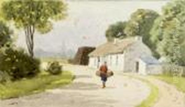 Woman Walking By A Cottage Oil Painting by Joseph Carey Carey