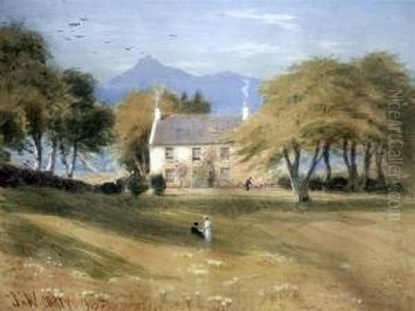 Figures Beside A House, Mountains Beyond Oil Painting by Joseph Carey Carey