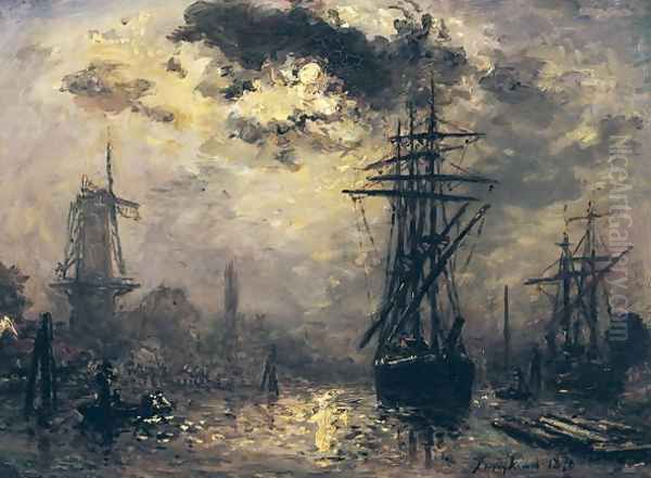 View of the Port, or The Windmills in Rotterdam, 1870 Oil Painting by Johan Barthold Jongkind