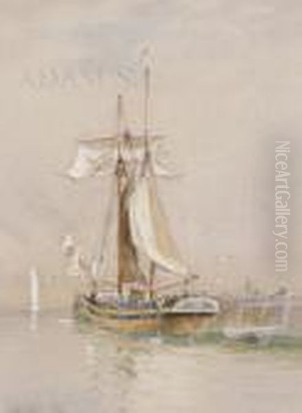 Sailing Boat In Harbour Oil Painting by Joseph Carey Carey