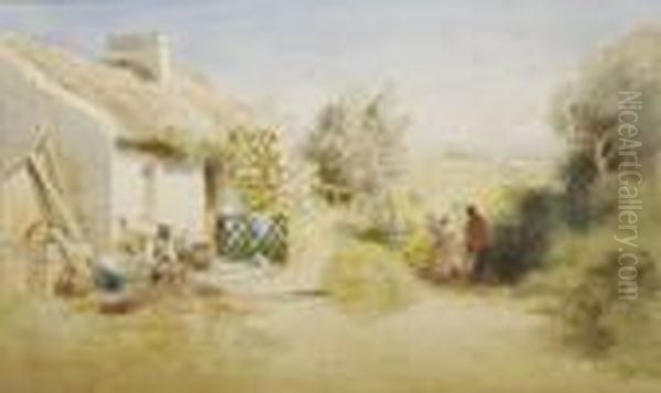 Figures Outside A Cottage, Kilkeel, Co Down Oil Painting by Joseph Carey Carey