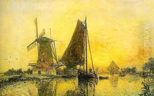 Boats near the Mill Oil Painting by Johan Barthold Jongkind