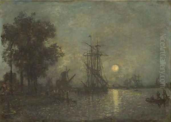 Paysage de Hollande avec bateau a quai Oil Painting by Johan Barthold Jongkind