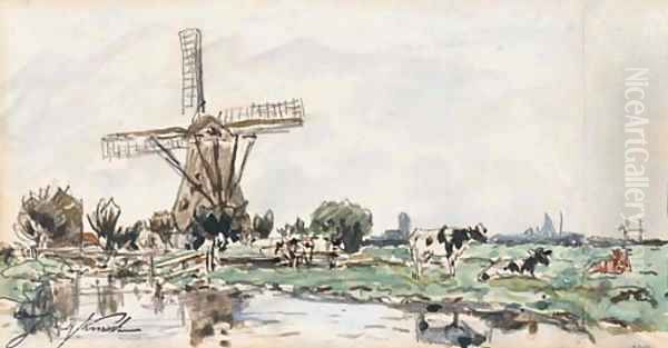 Un moulin en Hollande, des vaches dans un champ au premier plan Oil Painting by Johan Barthold Jongkind