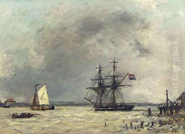 Brick et Barques à l'embouchure d'un fleuve, temps couvert, Antwerpen - De Schelde Oil Painting by Johan Barthold Jongkind