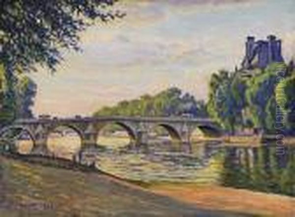 The Pont Royal On The Seine In Paris. Signed And Dated Lower Left: G. Cariot 1934 Oil Painting by Gustave Cariot