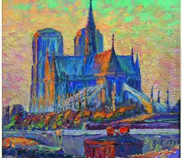 Notre-dame De Paris Vue Du Port Aux Vins Oil Painting by Gustave Cariot