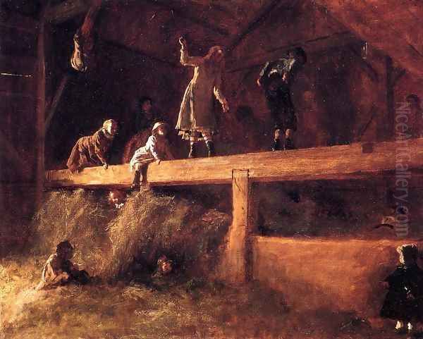 In the Hayloft Oil Painting by Eastman Johnson