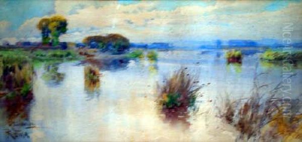 Italian Watercolour Marshes Near Rome Signed 12 X 25.5in Oil Painting by Onorato Carlandi