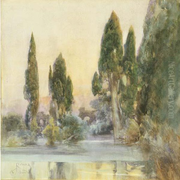 Cipressi E Ruderi Oltre Il Fiume Oil Painting by Onorato Carlandi