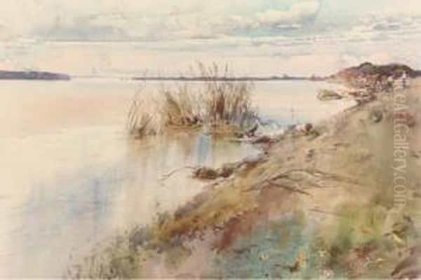 A River Landscape With Figures On The Banks; Also A Companionwatercolor Oil Painting by Onorato Carlandi