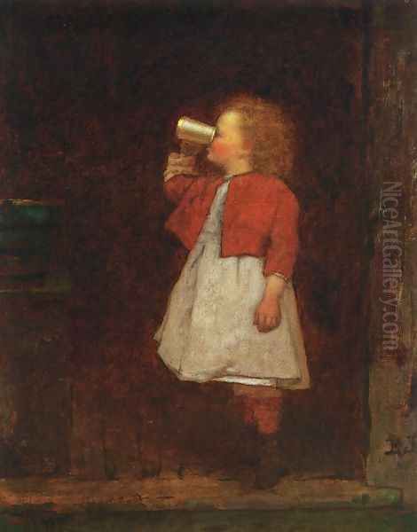 Little Girl with Red Jacket Drinking from Mug Oil Painting by Eastman Johnson