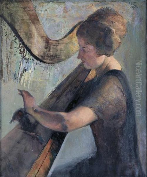 The Harpist - Edna Phillips Rosenbaum Oil Painting by Arthur Beecher Carles