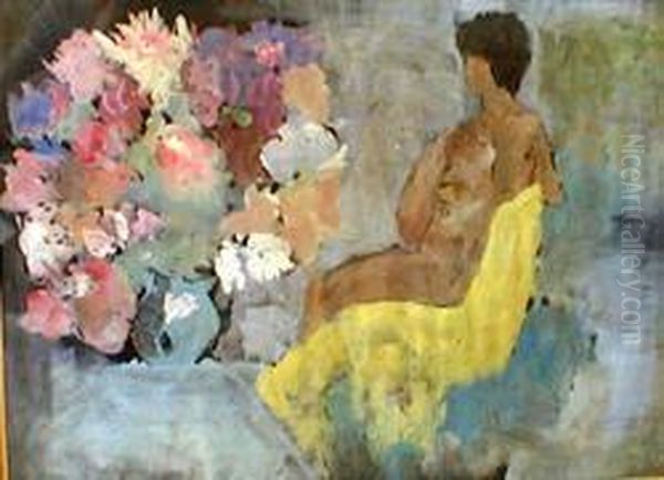 Nude Seated By A Vase Of Flowers Oil Painting by Arthur Beecher Carles