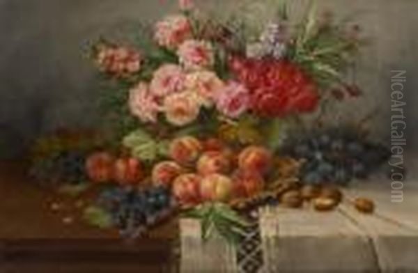 Entablement Garni De Peches Etde Roses Oil Painting by Max Carlier