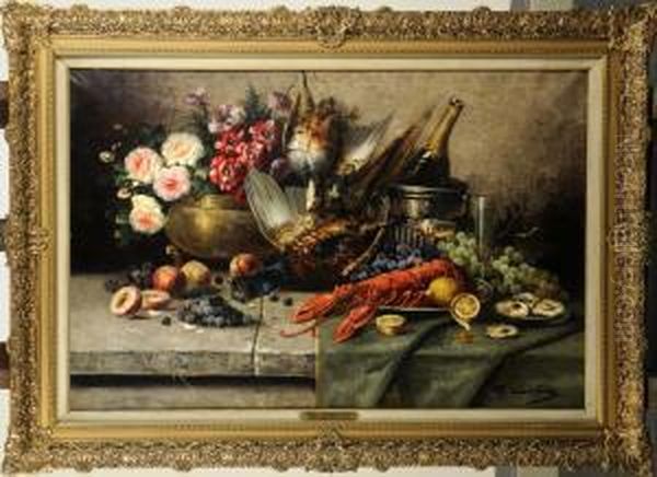 Composition Aux Fleurs, Au Homard Et Au Champagne Oil Painting by Max Carlier