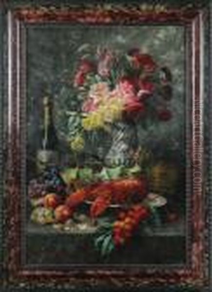 Stilleven Met Kreeft, Fruit, Fles Wijn En Bloemen Op Entablement Oil Painting by Max Carlier